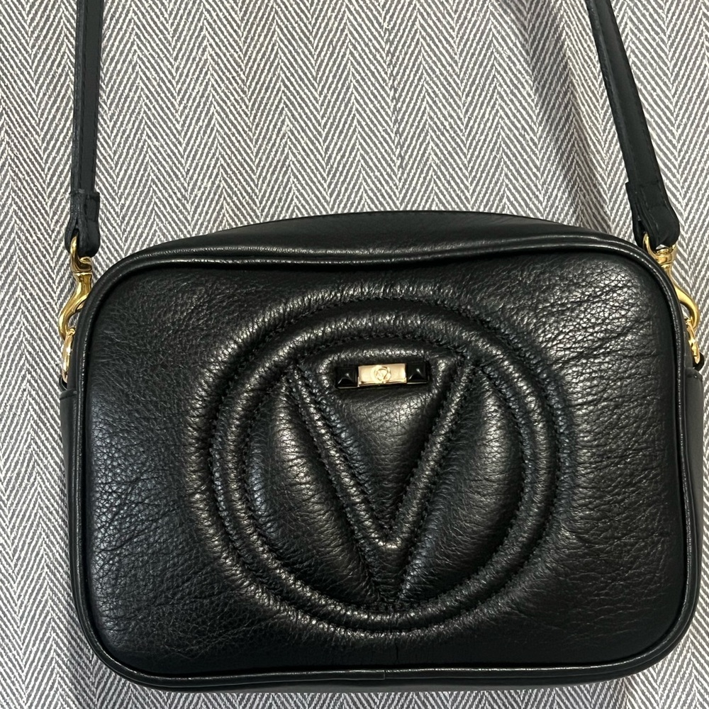 Valentino by Mario Valentino Mia Logo Black Leather Crossbody/messanger Purse